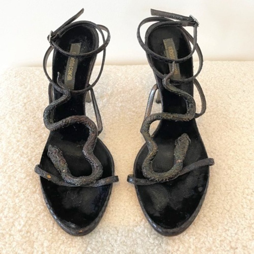 Roberto Cavalli Jeweled Snake Suede Heels sz 38.5